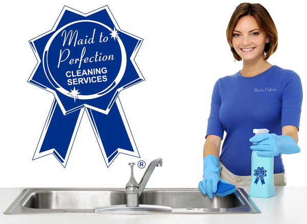 A happy maid cleans a sink next to the MTP logo